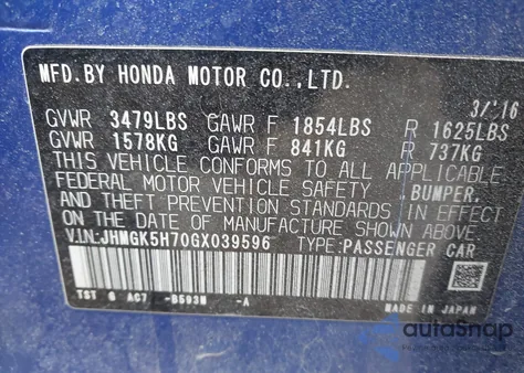 2016 Honda Fit Ex z USA, uszkodzony, nr VIN JHMGK5H70GX039596